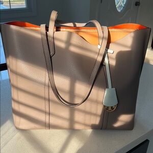 Tory Burch Leather Tote Bag - Taupe with Orange Interior